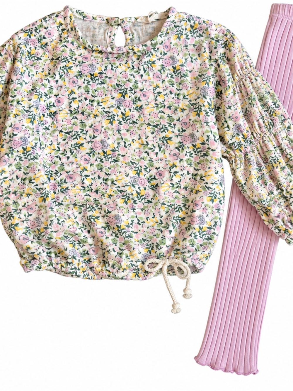 Jessica Simpson Floral Drawstring Peasant Blouse - Lavender , Green & Yellow